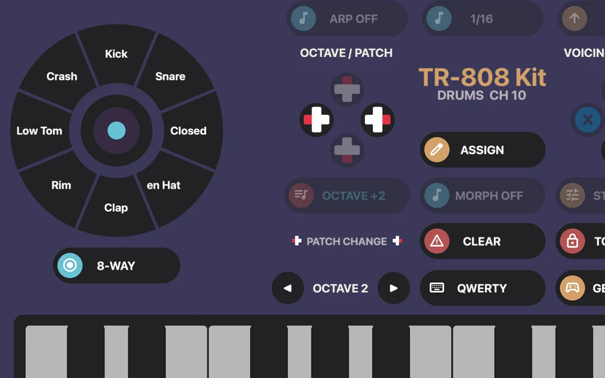 A Chordcade wheel loaded with a TR-808 drum kit: slices named Kick, Snare, Closed and Open Hat, Clap, Rim, Low Tom, and Crash, with the display reading DRUMS CH 10
